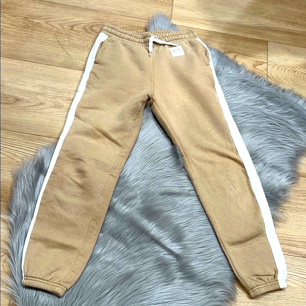 Kids Tan Jogger Pants with White Stripes